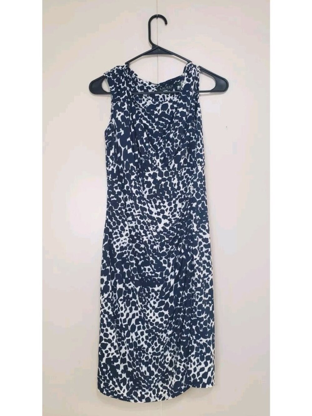 Lauren Ralph Lauren Womens 8 Sheath Dress Ruched Blue Stretchy Office V Neck